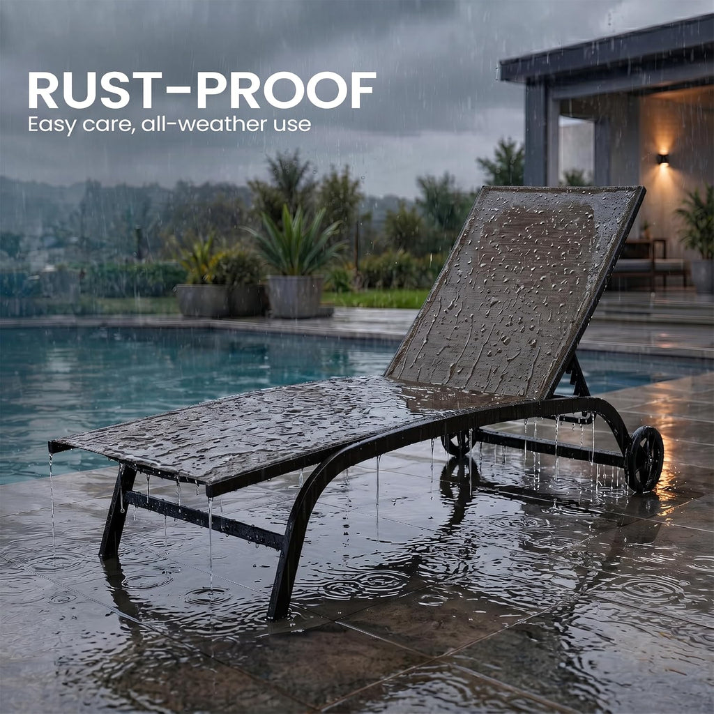 Pool Lounge Chairs with Wheels, Chaise Lounge Chairs Set of 2 (Brown) | 5-Position Adjustable Backrest, All Weather