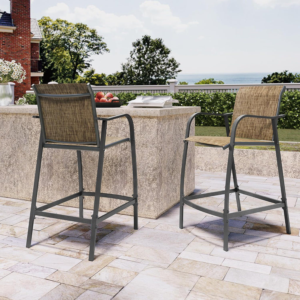 28.7" Outdoor Bar Stools Set of 2, Metal Patio Barstools with Back & Armrest, All-Weather Textilene Bar Height