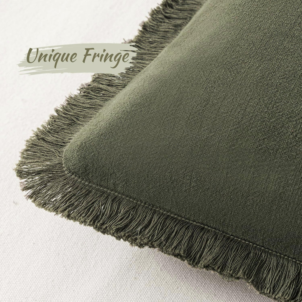 Decorative Throw Pillow Covers Neutral Linen Fringe Throw Pillows Set of 2 Olive Green Boho Farmhouse Cushion Covers