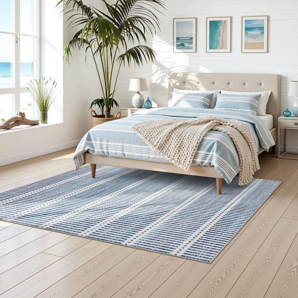 Ultra Thin Washable Area Rugs, Modern Non-Slip Rugs Dining Room, Blue Striped Farmhouse Large Indoor Carpet for