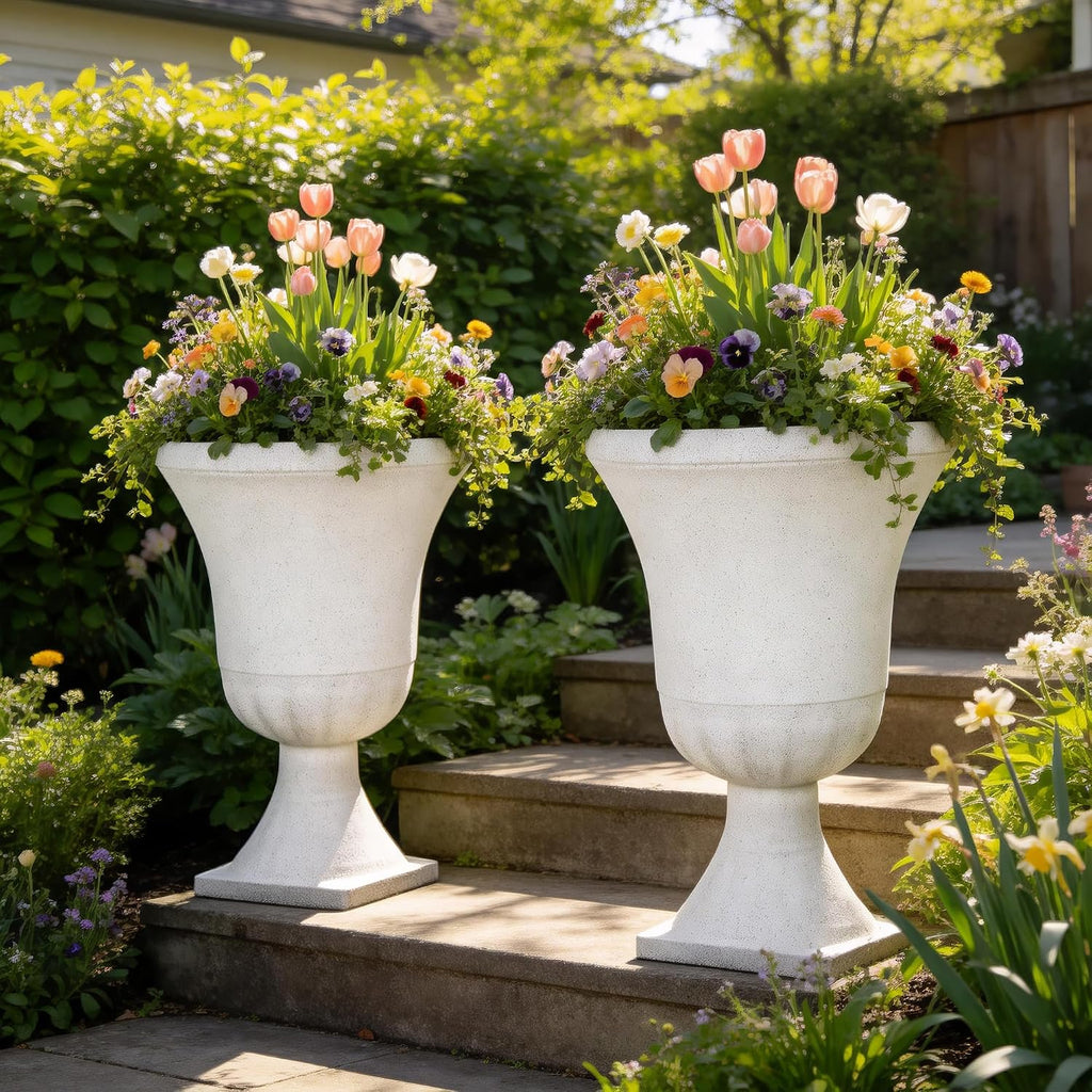 2-Pack 22" White Terrazzo Plastic Urn Planters with Drainage Holes | Set of 2 PP urn planters with white terrazzo