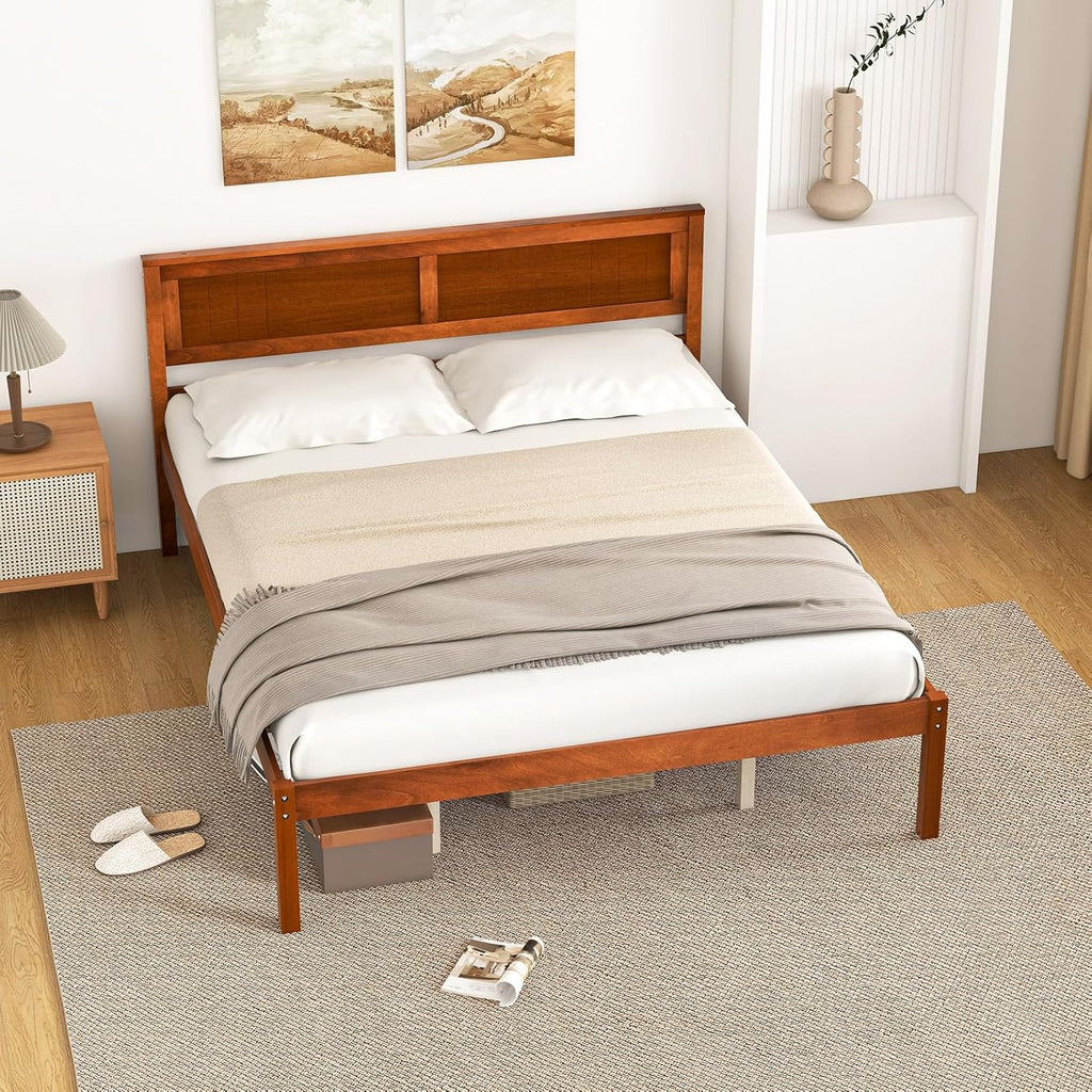 Queen Wood Platform Bed Frame with Headboard, Mid Century Queen Bed Frame with Wood Slat Support, Solid Wood