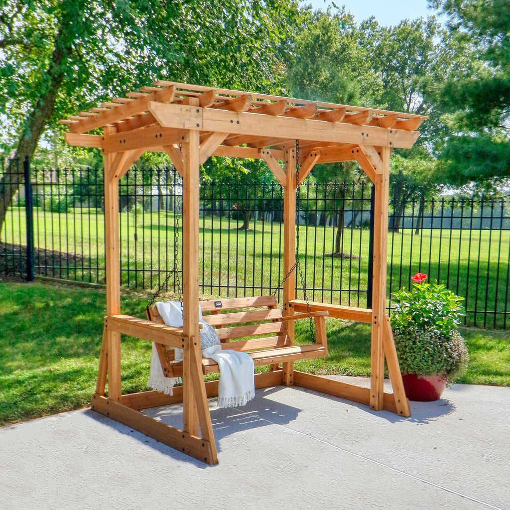 8' x 5' Cedar Wood Outdoor Patio Pergola Swing Bench with Trellis, Two-Person Seating, Chains