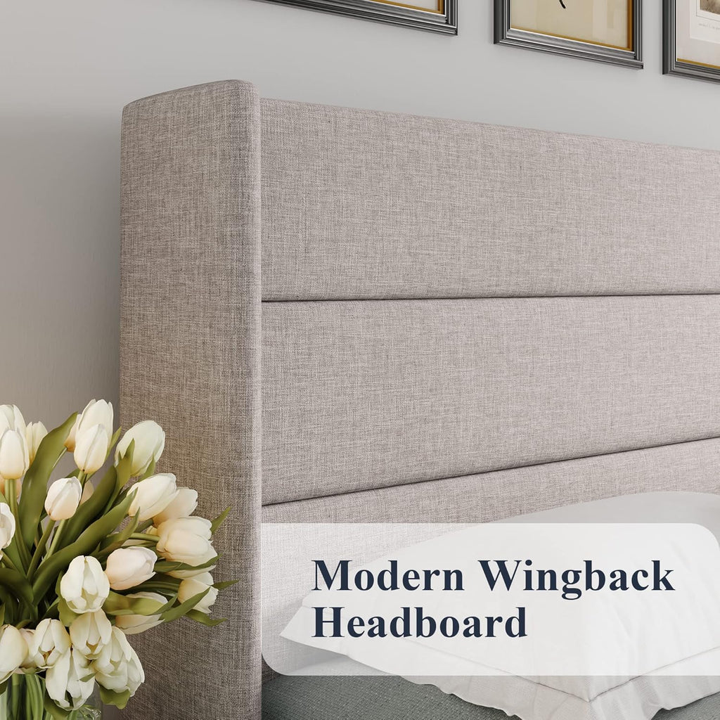 Queen Lift Up Storage Bed, Modern Wingback Headboard, Hydraulic Support, No Box Spring Needed, Light Beige