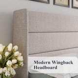 King Lift Up Storage Bed, Modern Wingback Headboard, Hydraulic Support, No Box Spring Needed, Light Beige