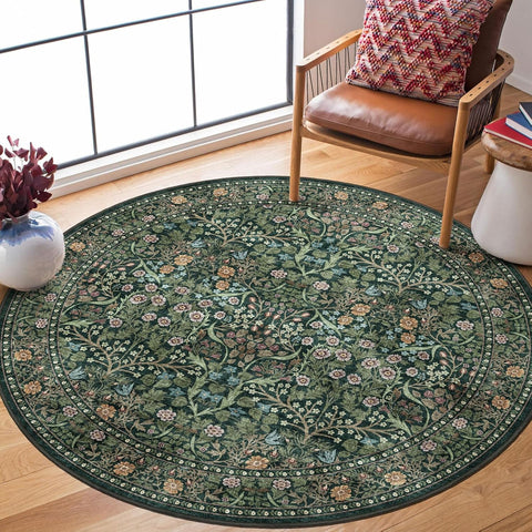 Green Round Rug 5ft - Soft Washable Boho Floral Round Bathroom Rug Non Slip 5x5 Stain Resistant Vint