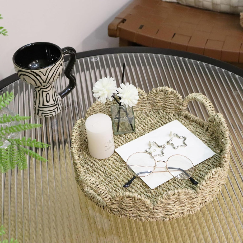 Seagrass Scalloped Tray with Handles,Round Rattan Serving Trays for Coffee Table,Woven Tray for Ottoman Decorative