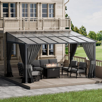 10'x 14' Outdoor Hardtop Pergola,Wall Mounted Lean to Gazebo with Curtains and Netting,Galvanized Metal