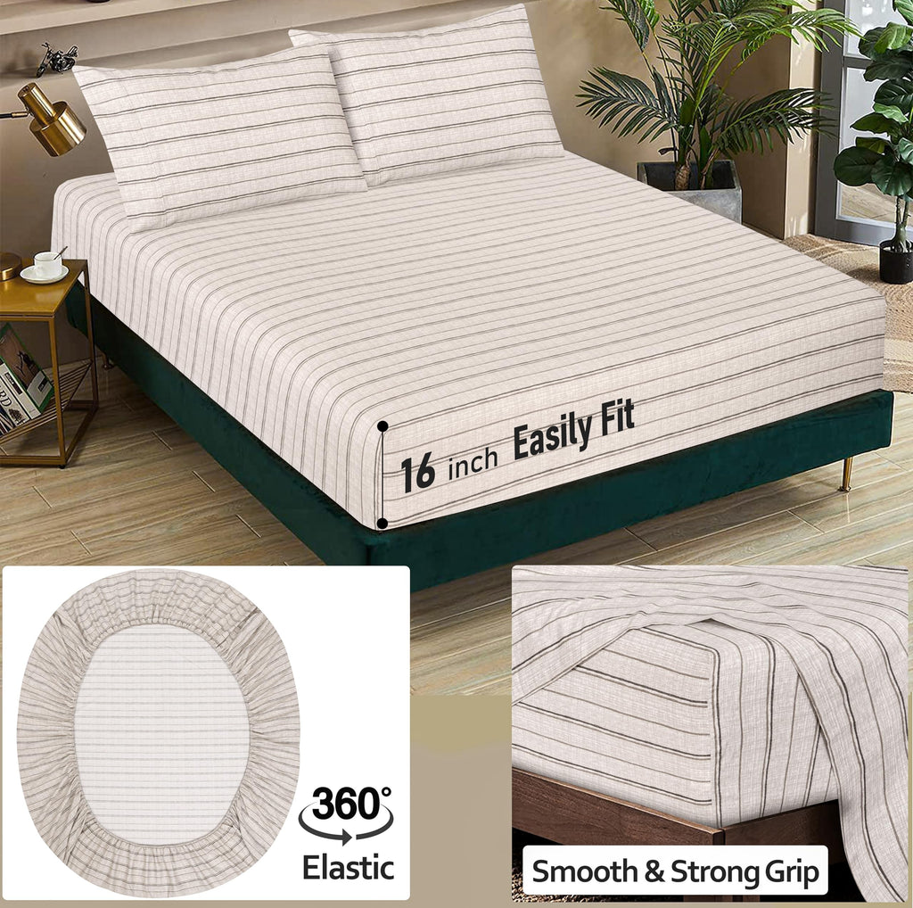 100% Cotton Percale King Sheets, King Size Sheet Set, Brown Stripes