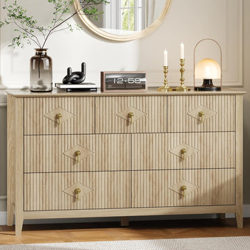 Fluted Dresser , 54 Inch Wide 7-Drawer Wood Dresser, Modern Chest of Drawers, Storage Organizer Cabinet , Natural