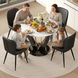 42" Round Dining Table for 4-6, Modern Faux Marble Kitchen Tabletop with Black Wood Pedestal and Gold Metal Frame