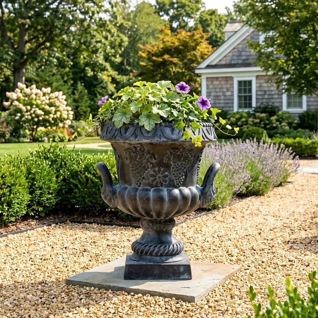24.41" H Classical Grape Relief Urn Planter,MGO Pedestal Flower Pot with Elephant-Head Handles, Lightweight