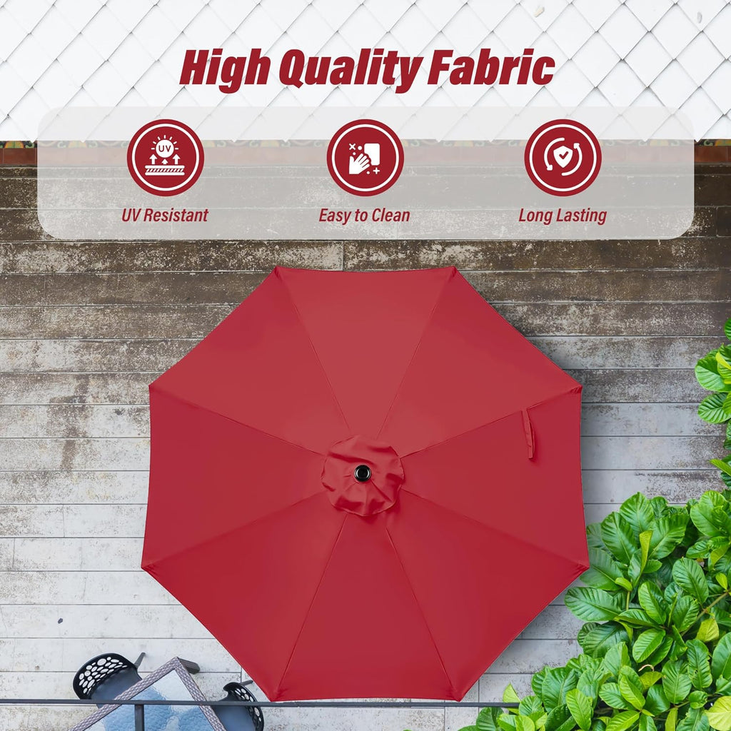 9FT Outdoor Patio Umbrella Table Market Umbrella with Push Button Tilt and Crank, 8 Sturdy Ribs - Ft-red