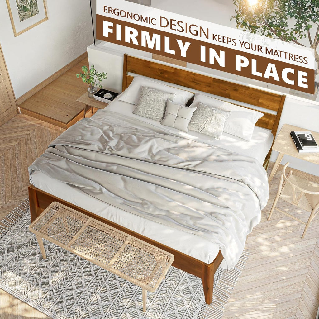 Emery Bed Frame with Headboard Solid Wood Platform Bed, King Size Bed Frame, Mid - Century Modern Wood Bed Compatible
