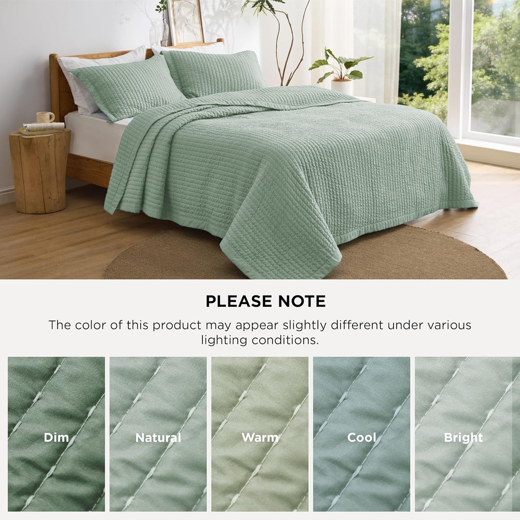 Green Quilts King - King Quilt Bedding Set Bedspread Coverlet, Lightweight Neutral Striped Bedding, 3-Piece Set with