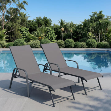 Chaise Lounge Outdoor, Aluminum Pool Lounge Chairs Set of 2 (Gray) | 5-Position Adjustable Backrest with Armrests