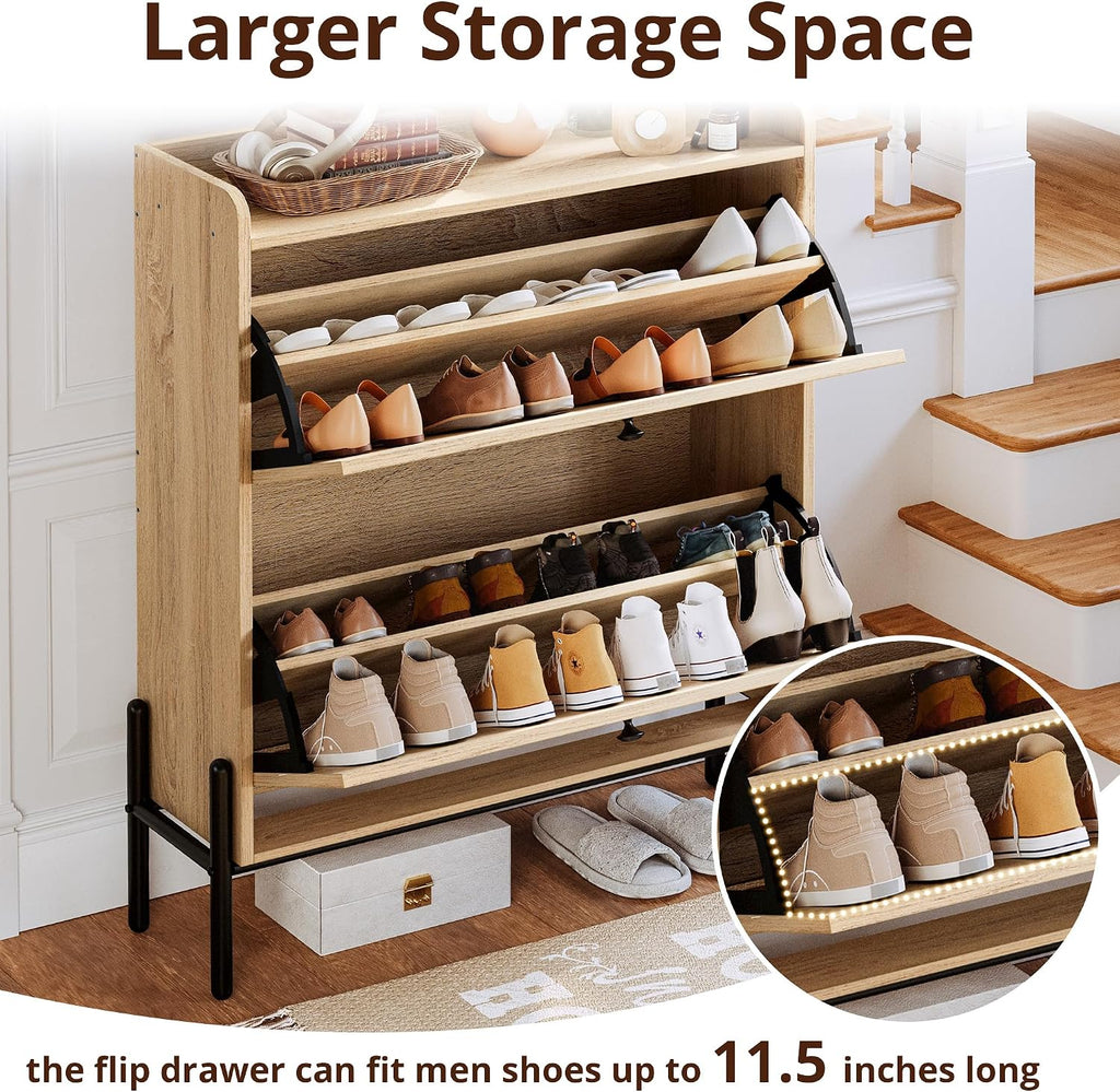 Shoe Cabinet Storage with 2 Flip Drawers, Free Standing Wooden Shoe Storage Organizer Cabinet with Rattan Doors