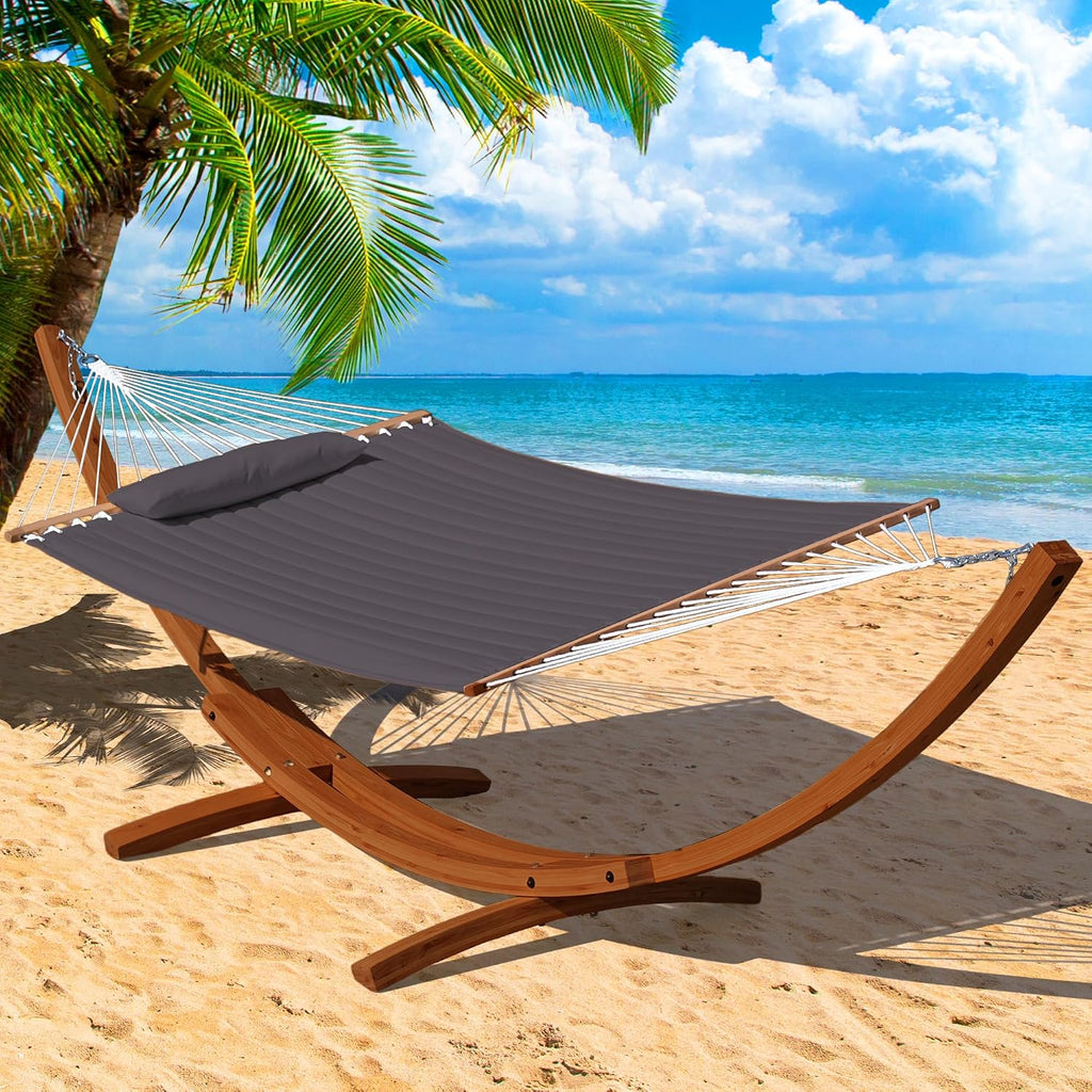 12 FT Double Quilted Fabric Hammock and 13 FT Brown Wood Arc Stand, with Spreader Bar, Removable Pillow, 2 Person