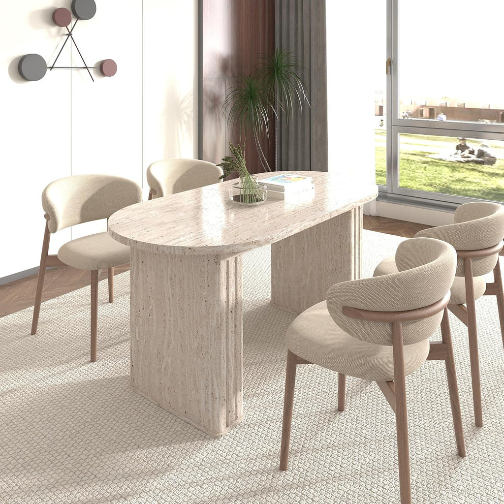 78.74" Extendable Dining Table for 4-8 People,Oval Travertine Inspired Kitchen Table with Wooden Strip Base for