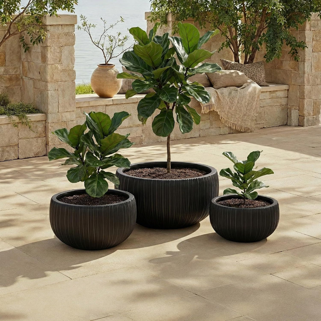 Outdoor Patio Furniture Collection - Anita Black Planter Pot Set of 3, Fiber Clay Decorative Planters, Ribbed Bowl