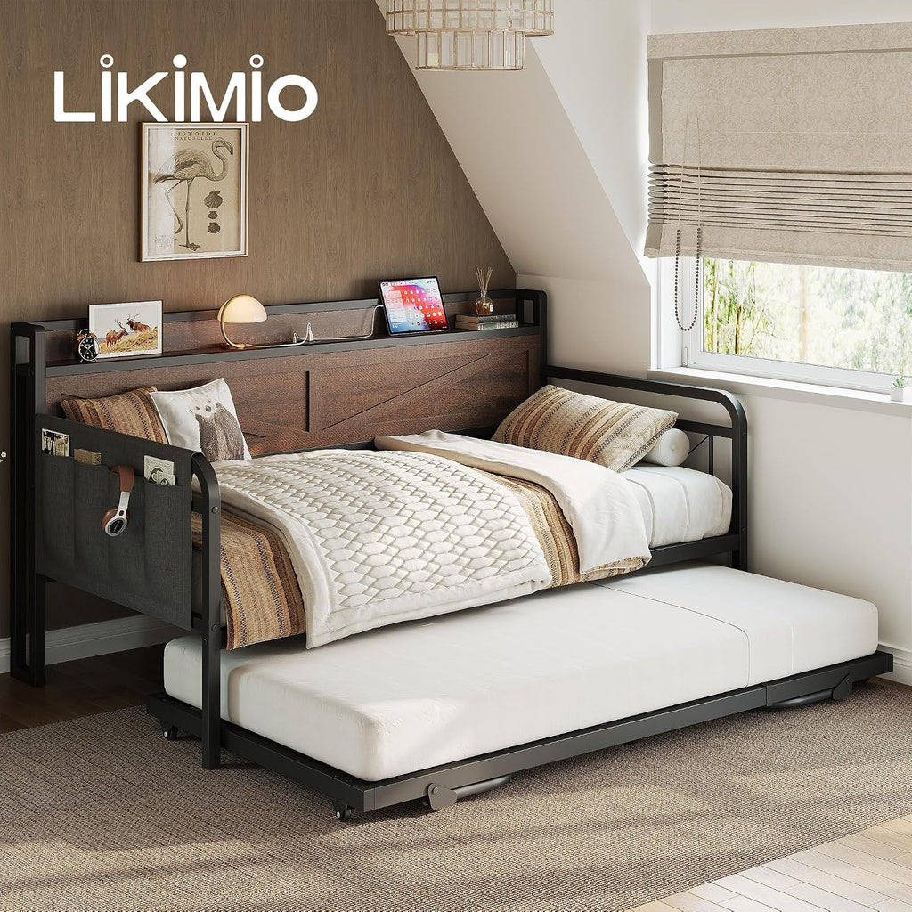 Twin Daybed with Pop Up Trundle & Charging Station & Storage Shelf | Pop Up Trundle with Smooth Wheels, Strong
