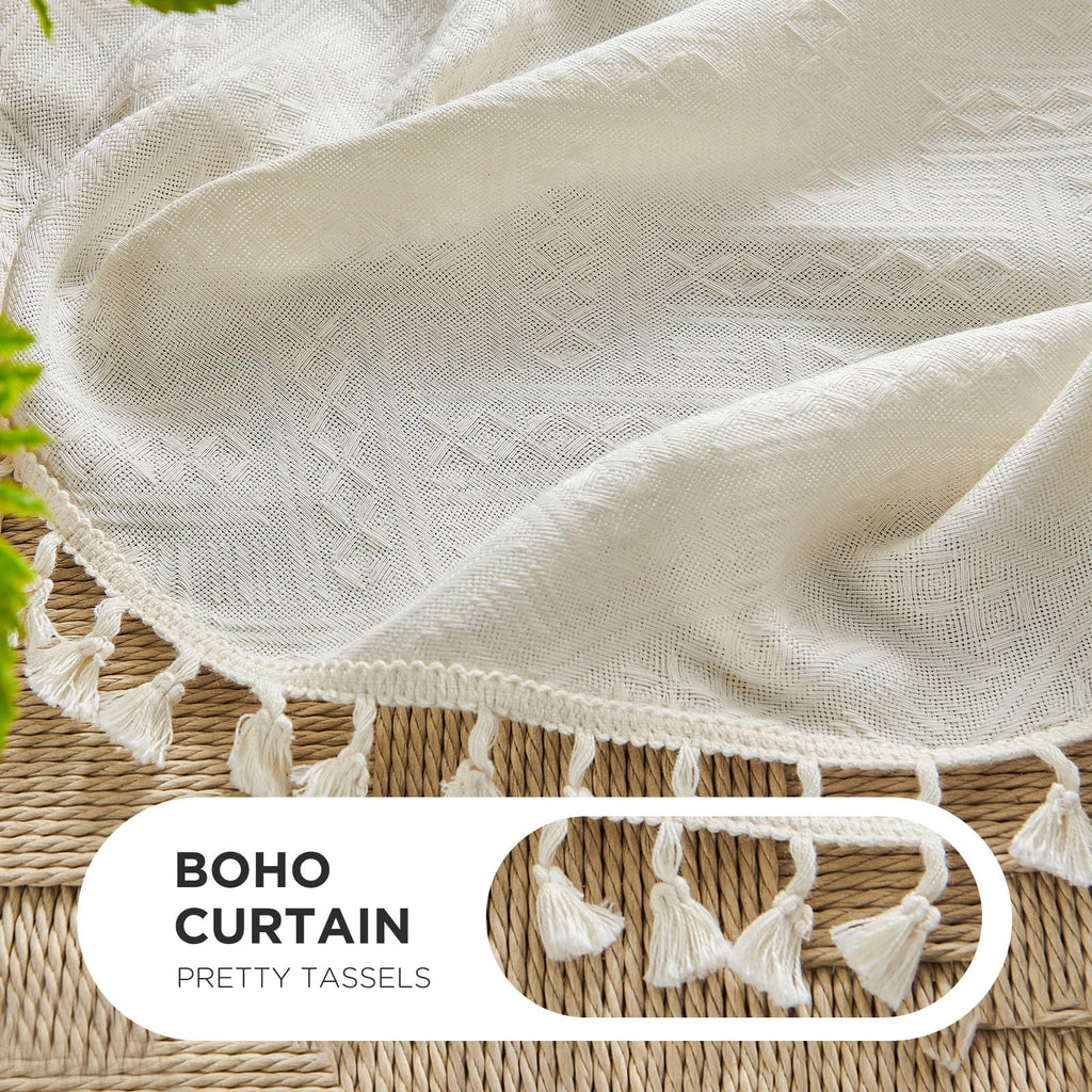 Boho Curtains 84 Inch, Linen Beige Curtain 2 Panels with Tassels