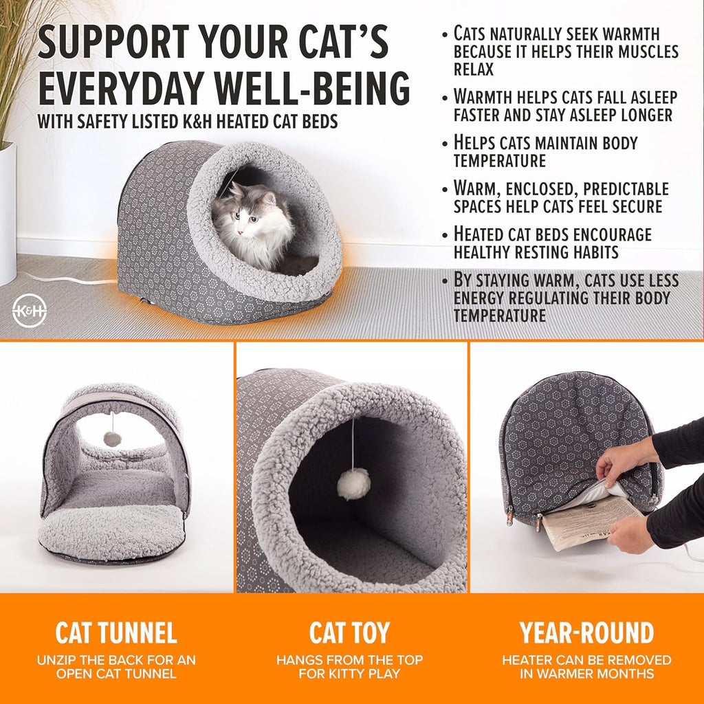 Heated Cat Bed - Thermo-Pet Cave for Large Cats, Indoor Heated Pet Bed for Dogs & Cats, Covered Cave Pet Tent