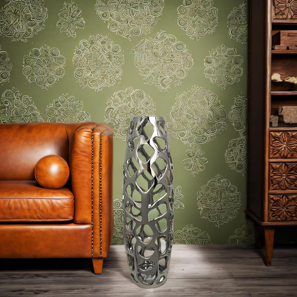 24'' High Ceramic Floor Vase Silver | Handmade Vase with Hand Carved Hollow Pattern for Decorative Branches and Dried