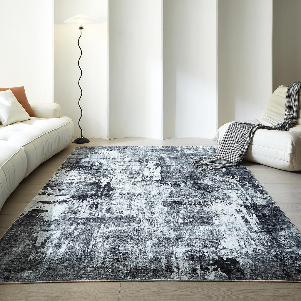 Area Rug 5x7 Washable Abstract, Grey and Black