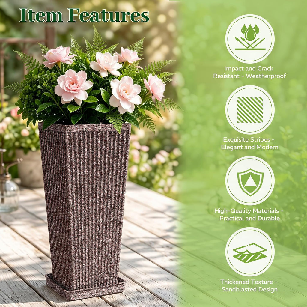 Square Tall Planters for Outdoor Plants with Tray - 24" Brown 2Pack | Weather-Resistant Plastics HDPE, Stone & Fluted