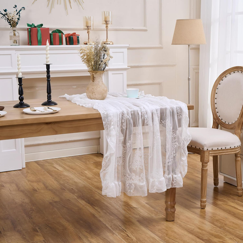 White Floral Embroidered Lace Square Tablecloth 55”x55” Vintage Table Cover (White, 55”x55”, Square)