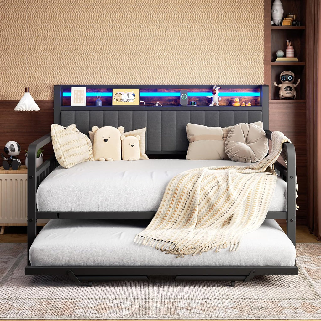 Daybed with Trundle and LED Light, Heavy Duty Metal Full Bed Frame with Upholstered Storage Headboard & Charging