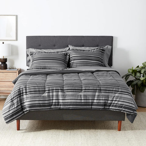 Full/Queen Comforter Set with Sheets, 7-Piece Gray Calvin Stripe Bedding, Lightweight Microfiber Bed-in-a-Bag, Striped