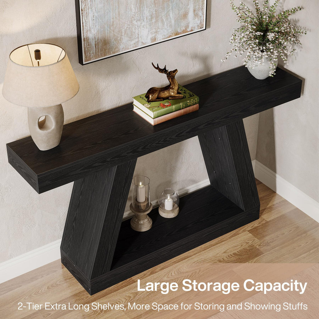 Farmhouse Console Table, 55-Inch Rustic Sofa Table with Storage, Industrial Wooden Entryway Table, Black & Brown