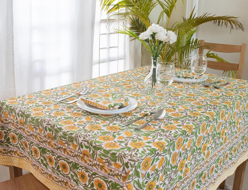 Block Print Table Cloth- 54x108 Inch Rectangle 100% Cotton Handmade Pre-Shrink, Washable for Spring,