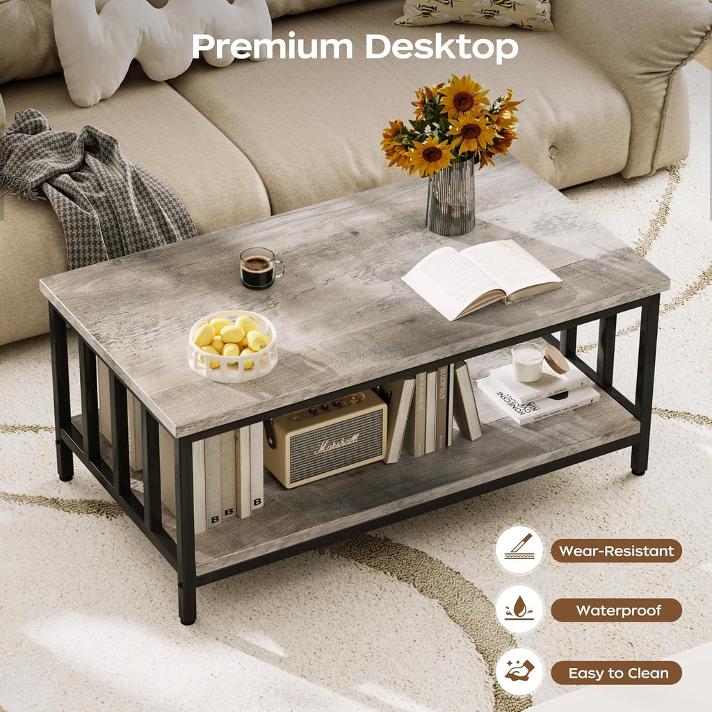 Coffee Table with Slatted Sides Frame, Modern Farmhouse Living Room Table with 2-Tier Storage Shelf, 39 ...