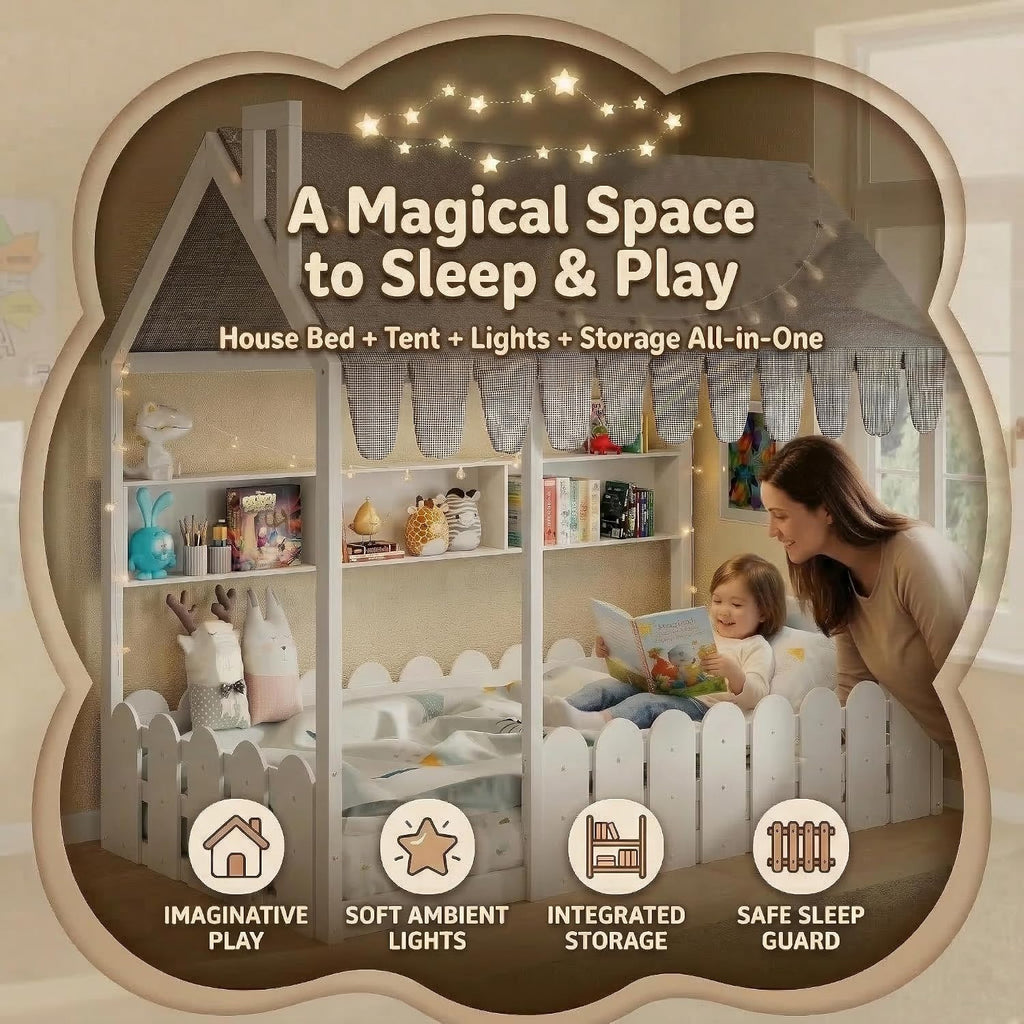 Twin Montessori House Floor Bed for Kids with Fence Railings, Tent & Lights, Wooden Kids Floor Bed Frame with 3
