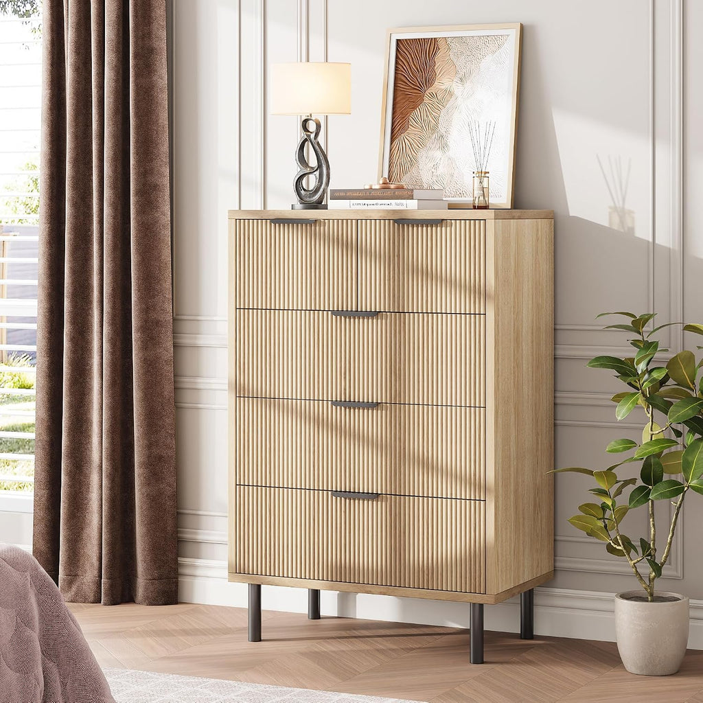 Oak Fluted 5 Drawer Dresser , Modern Wood Chest of Drawers with Wide Drawers, Closet Dresser Organizer with