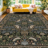 8x10 Washable Floral Area Rug, Low Pile Non-Slip Nature Design Carpet Dark Green Brown