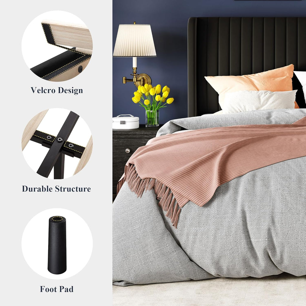 King Velvet Bed Frame/Vertical Channel Tufted Wingback Headboard/Upholstered Platform Bed/Strong Wooden Slats/No Box