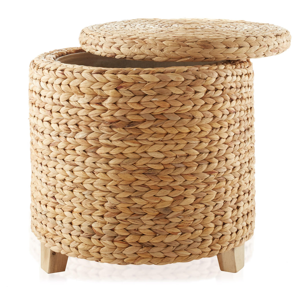 17" Round Storage Ottoman with Lid - Natural, Handwoven Water Hyacinth Footstool