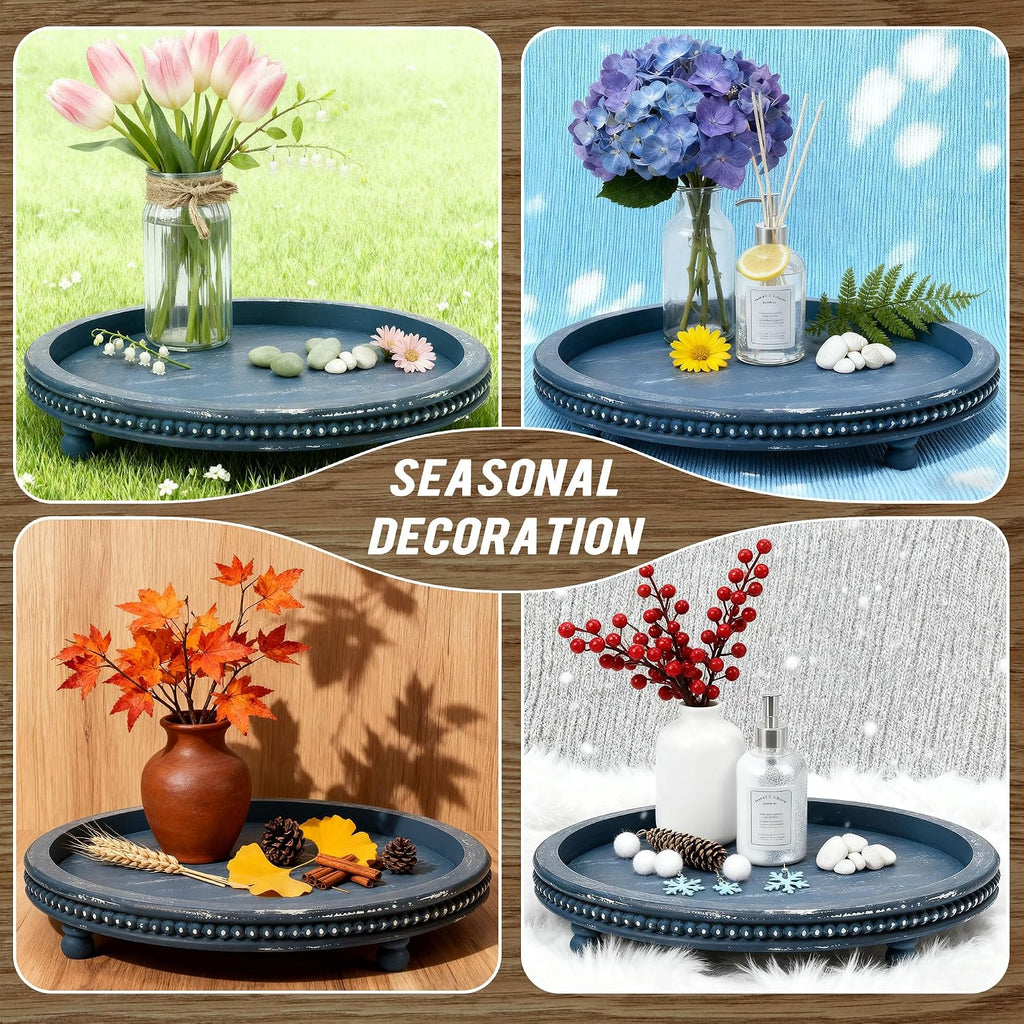 12 Inch Decorative Tray, Small Beaded Tray Coffee Table Decor, Blue Decorative Display Risers for Coffee Table