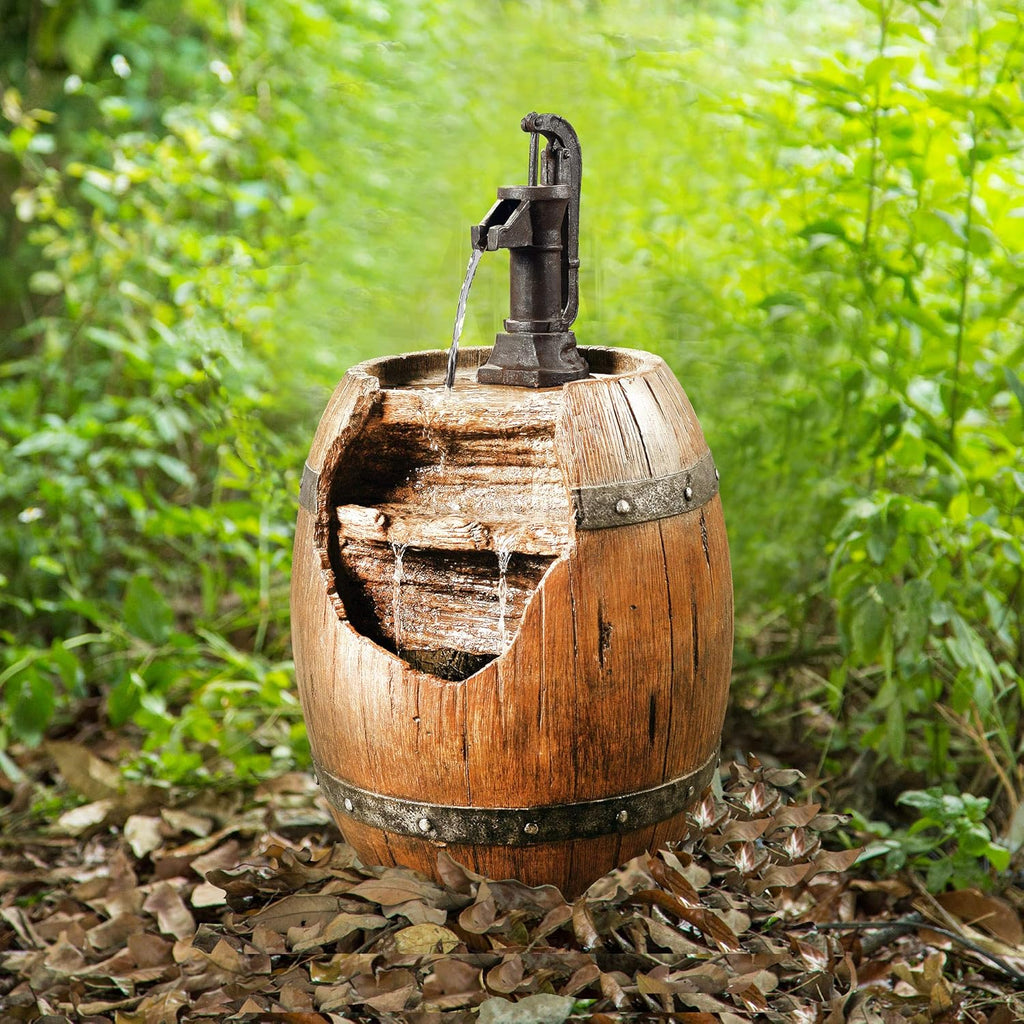 Vintage Barrel Waterfall Fountain with Pump Patio Garden Backyard Decking, 33 Inch Height, Wood