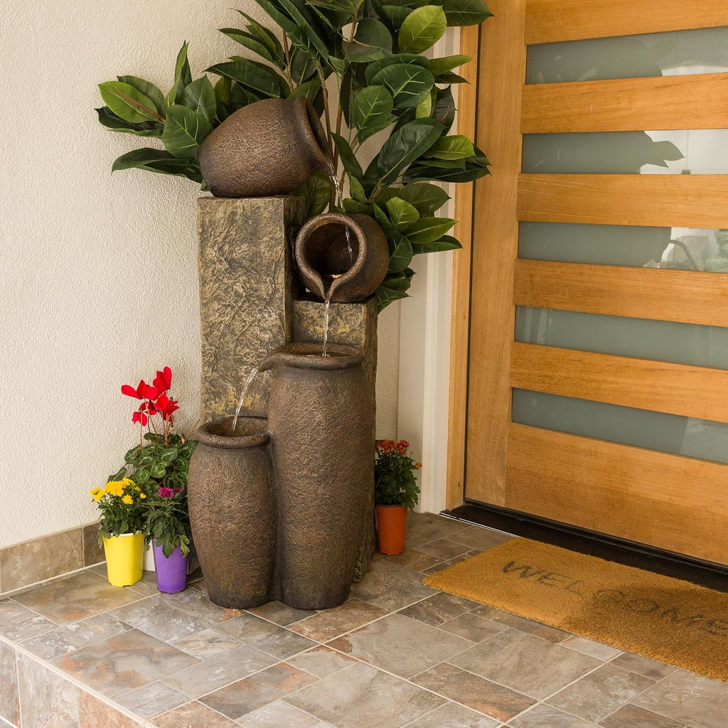 43" Tall Indoor Outdoor Pottery Fountain with Replaceable LED Lights, Water Feature Decor, Brown