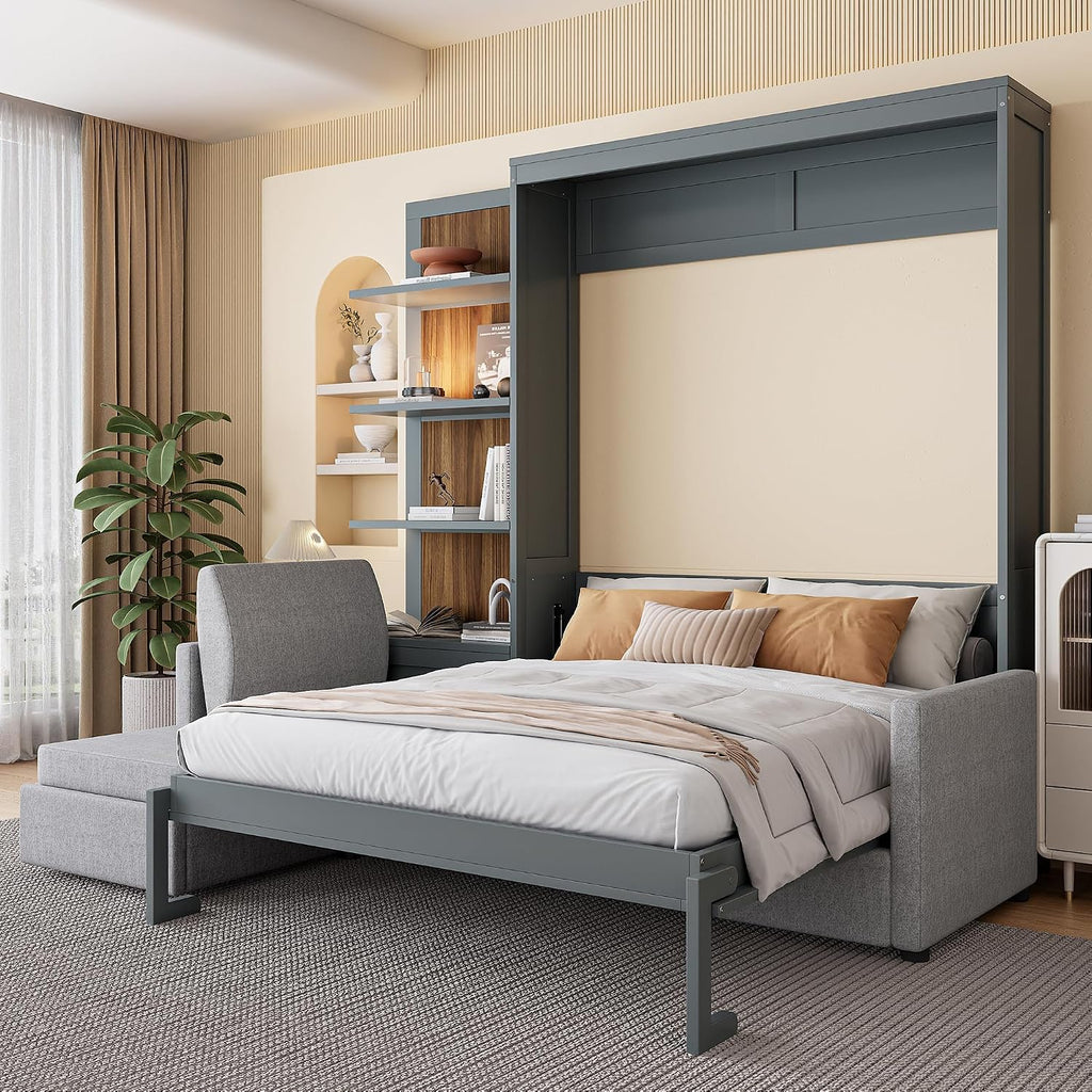 Queen Murphy Bed with Sofa and Shelves, Gray | Space-saving sleeping solution with integrated seating and display