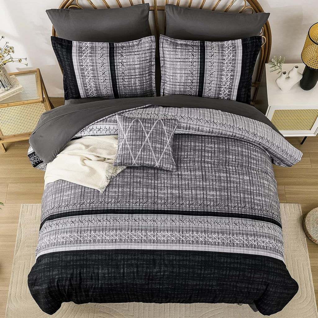 Dintszyayue Black Comforter Set Queen, 8 Pieces Boho Striped Bed in a Bag Soft Microfiber Bedding Set for All Season