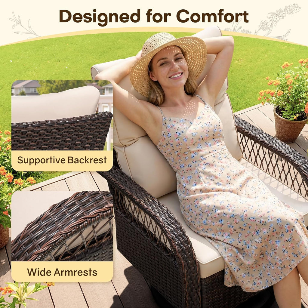 Patio Furniture Set Outdoor 3 Pieces Wicker Swivel Rocking Chairs | Rocking Chairs Set of 2 with Coffee Table, Patio