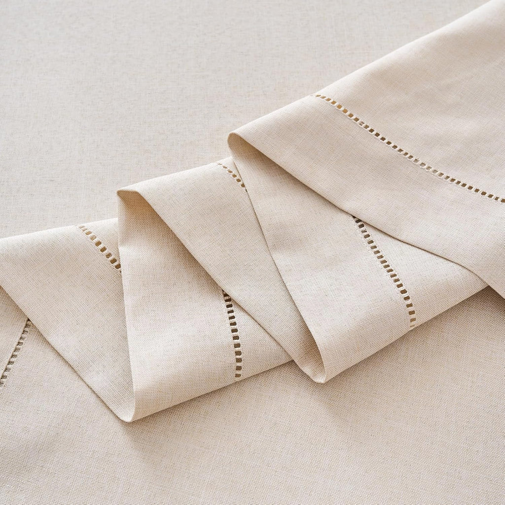 Light Natural Handmade Hemstitch Contemporary Linen Blend Solid Color Tablecloth for Dinner Table, P