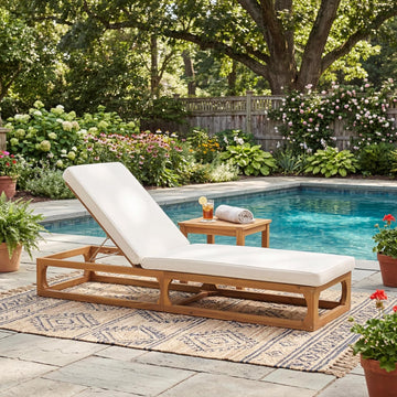 Modern Patio Chaise Lounge Chair Outdoor, Acacia Wood Poolside Sun Lounger with Cushion, Open Frame Pool Lounger