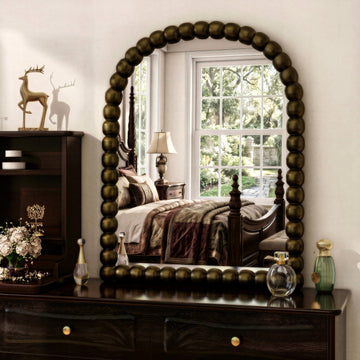 22"×30" Bronze Arched Wall Mirror, Vintage Beaded Decorative
